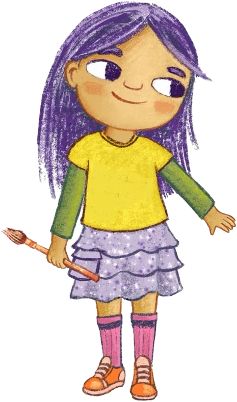 לילי, עם שיער סגול ומכחול ביד, מצביעה על הספר